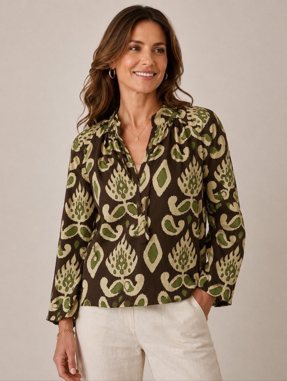 Calypso St. Barth Bohemian Cotton Print Blouse Top Green Brown Small
